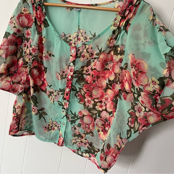 Farm Rio Floral Short Sleeve Blouse Turquoise Teal Flowers Button Pink Top - Picture 4 of 12